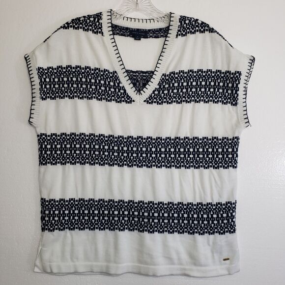 Tommy Hilfiger Women's Medium Blue and White Striped V-neck Sweater Vest - Picture 8 of 9
